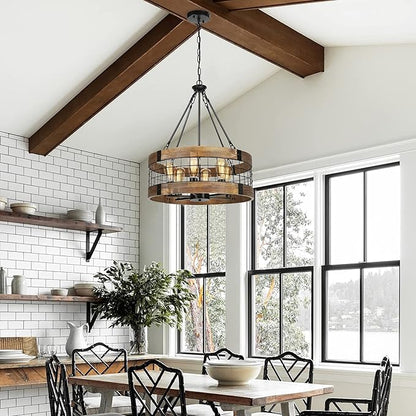ACNKTZ 6-Light Farmhouse Chandelier for Entryway, Rustic Dining Room Light Fixtures, Industrial Drum Hanging Lighting for Kitchen Island Foyer, Black Wood and Black Metal Finish