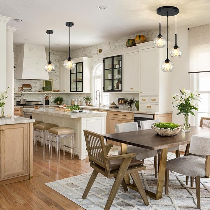 3 Light Pendant Lighting: 5.91'' Glass Pendant Lights Kitchen Island with Hammered Glass & Black Finish - Modern Minimalist Hanging Light Fixture for Kitchen Sink Dining Room - E26 Base