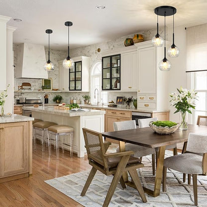 3 Light Pendant Lighting: 5.91'' Glass Pendant Lights Kitchen Island with Hammered Glass & Black Finish - Modern Minimalist Hanging Light Fixture for Kitchen Sink Dining Room - E26 Base