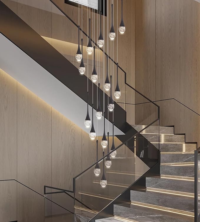 Modern Crystal Staircase Chandelier Polished Black 18-Lights, H118'' Large High Ceiling Spiral Dimmable LED Raindrop Foyer Entryway Light Fixture Remote Control