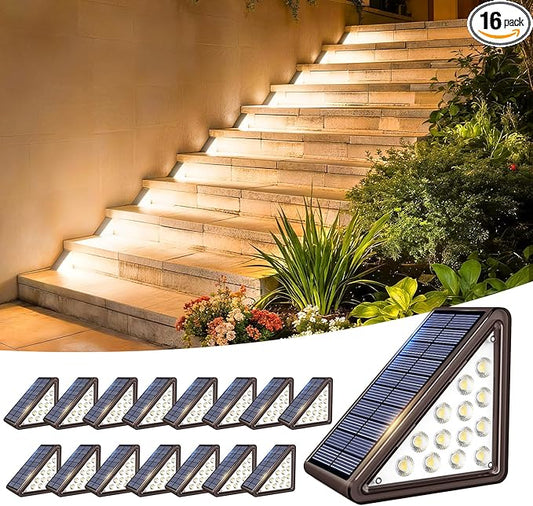 Solar Step Lights Outdoor Waterproof IP65,Warm White Brown Solar Stair Lights, Outdoor Light Decor for Stair, Deck, Step, Porch and Outside Patio, 16 Pack