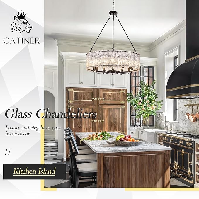 CATINER 12-Light Crystal Glass Chandeliers Modern 30" Black Drum Chandelier Luxury Ceiling Pendant Light Fixture for Living Room Dining Room Kitchen Foyer Bedroom