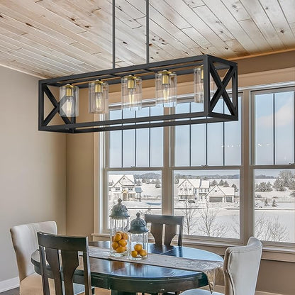 Black Gold Dining Room Light Fixture - 5 Light Chandeliers for Dining Room with Clear Glass Shade & Adjustable Height & Thickened Metal Rectangle Dining Table Light Fixture