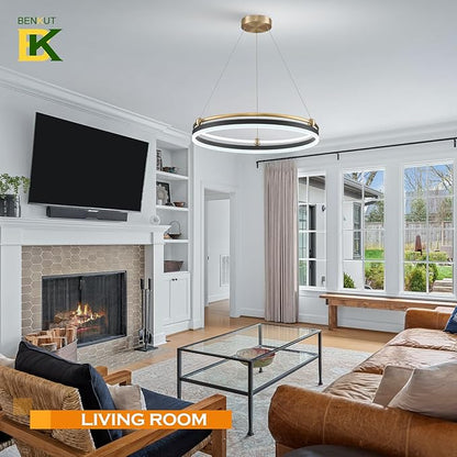 Benkut Modern LED Pendant Light 23.6" Black Gold Dimmable Circular LED Chandelier 1 Ring with Remote, Round Hanging Light for Kitchen Island Dining Room Living Room Foyer Entryway, 2-Ring Lighting