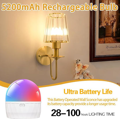 Battery Operated Wall Sconces Set of 2 – 5200mAh Rechargeable Gold Crystal Glass, 15 Colors & 10-Level Dimmable, Wireless Wall Lights for Living Room & Bedroom