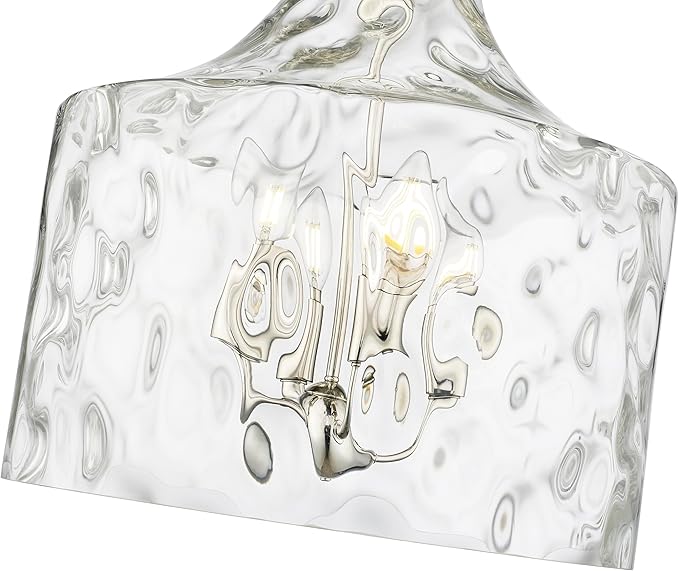 ML Lighting | Santorini Collection | 22604-PN | Indoor 4 Light Metal Pendant in Polished Nickel with Water Glass Shade | Kitchens, Dining Rooms, Living Rooms, Entryways, Hallways