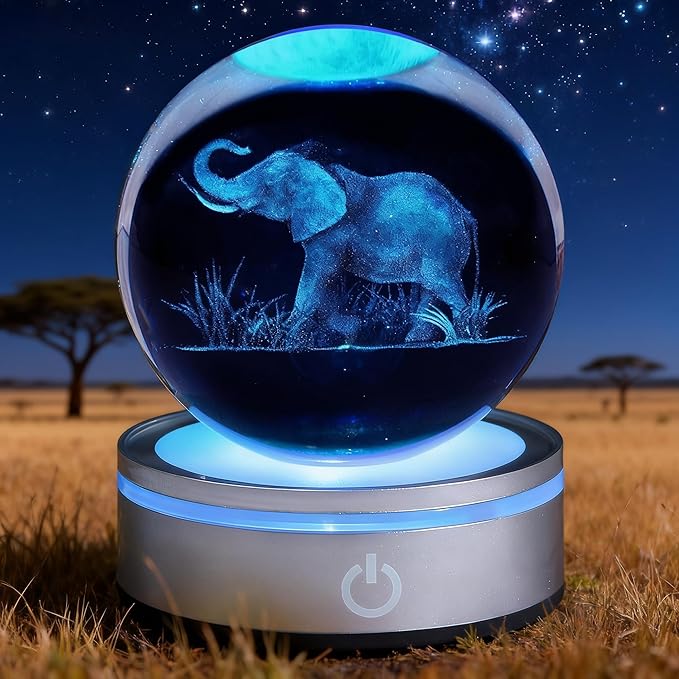 Elephant Gifts, 3D Elephant 3.15 Inch (80mm) Crystal Ball Lamp with Battery Powered, RGB Color Light for Birthday Xmas Cool Upgraded Animal Figurines Gifts for Room Decor Boys Girls
