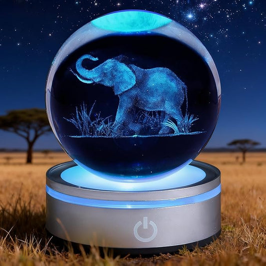Elephant Gifts, 3D Elephant 3.15 Inch (80mm) Crystal Ball Lamp with Battery Powered, RGB Color Light for Birthday Xmas Cool Upgraded Animal Figurines Gifts for Room Decor Boys Girls