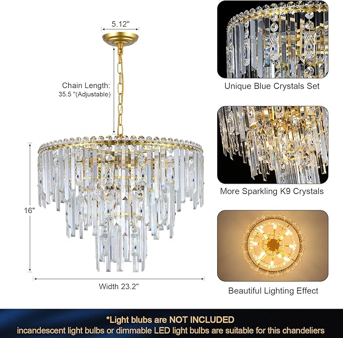 A AXILIXI Gold Crystal Chandeliers, 24” Modern Round Chandelier for Dining Room 3 Tiers 12 Lights Ceiling Pendant Light Fixtures Large Ceiling Chandeliers for Foyer Living Room Bedroom