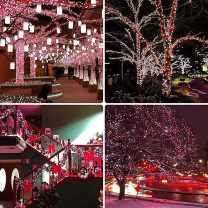 OZS 4 Pack 320LED Solar Christmas String Lights Outdoor, Waterproof 8 Modes Solar Tree Light, Green Wire Christmas Lights Outdoor for Garden, Party, Wedding, Christmas Decorations (Red&Cool White)