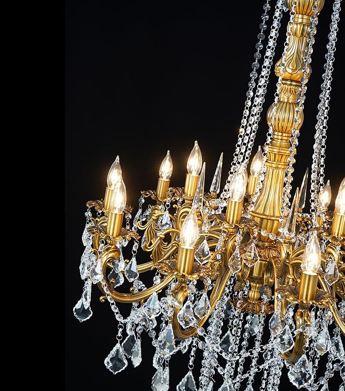 Antique Gold Crystal Chandeliers for High Ceiling H54, 15 Lights Large Luxury Crystal Candle Style Chandelier Light Fixture, Foyer Entryway Staircase Oversize Round H54 D32