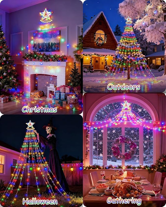 Star String Lights, 350 LED Tree Waterfall Fairy Lights, Outdoor Waterproof Christmas Decoration Lights with Remote, 16FT X 9 Hanging LED Lamp for Garden Yard Wedding Birthday Festival, Multicolor