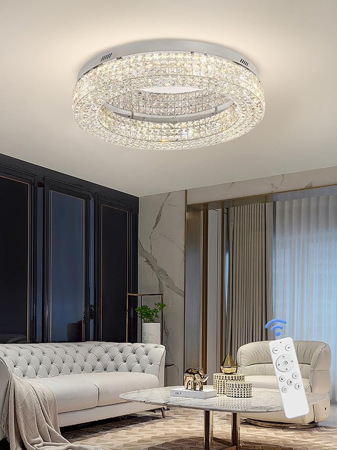ykolupty 32'' Modern Chandeliers for Living Room Crystal Chandelier Flush Mount Ceiling Light Fixture for Dining Room Living Room Bedroom Dimmable 2700-6000K