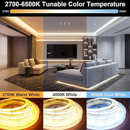 COB LED Strip Light 5V, 2m 608 LEDs/M Dimmable 2700K - 6500K 8mm Width CRI93+ Flexible Dimmable Light Kit for TV Backlight Bedroom Gaming Room Kitchen Cabinet Decor(CCT, 6.56FT/2M USB)