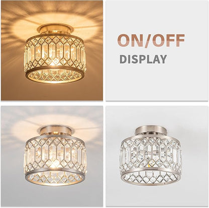 Rpzloila Crystal Ceiling Light Fixture, Modern Semi Flush Mount Ceiling Light,Crystal Chandelier for Kitchen Bedroom Bathroom Entryway Nickel Finish (Bulb not Included)