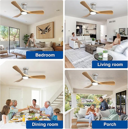 DLLT 42-Inch Ceiling Fans with Lights: Flush Mount Ceiling Fan 3 Blades for Indoor Outdoor - Dimmable Ceiling Fan with Remote APP Control Quiet DC Motor for Low Profile Bedroom