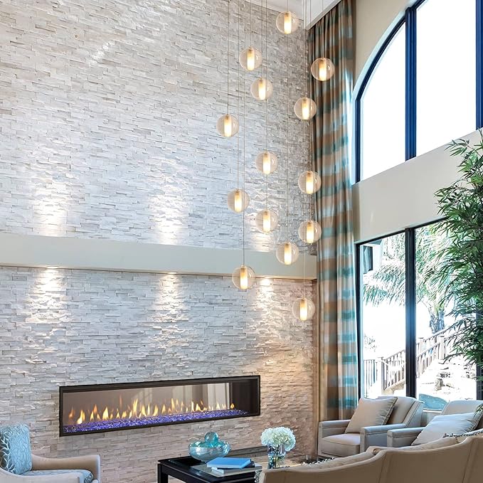 14 Lights Staircase Chandelier for High Ceiling, Dimmable Modern Crystal Raindrop Large Long Hanging Pendant Light for Stairwell Living Room Stair Foyer, Bulbs Included (Nickel Canopy)