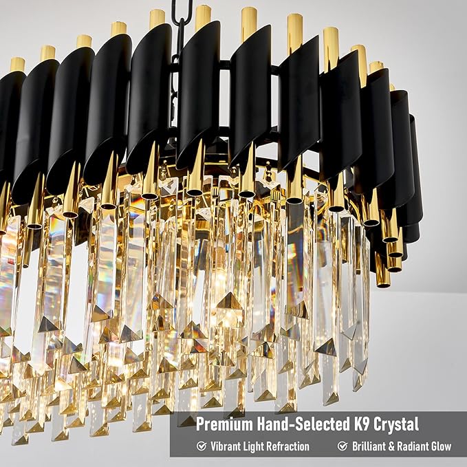 L33 Black and Gold Crystal Chandelier Large 8 Light 3-Tier K9 Crystal Raindrop Chandelier Flush Mount Ceiling Light Fixture for for Dining Room Kitchen Island