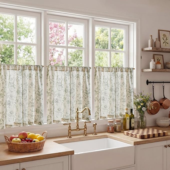 jinchan Amlie Floral Kitchen Curtains 30 Inch Length Linen Cafe Curtains Small Window Drapes Light Filtering Botanical Farmhouse for Bedroom Bathroom Rod Pocket 2 Panels Sage Green on Linen