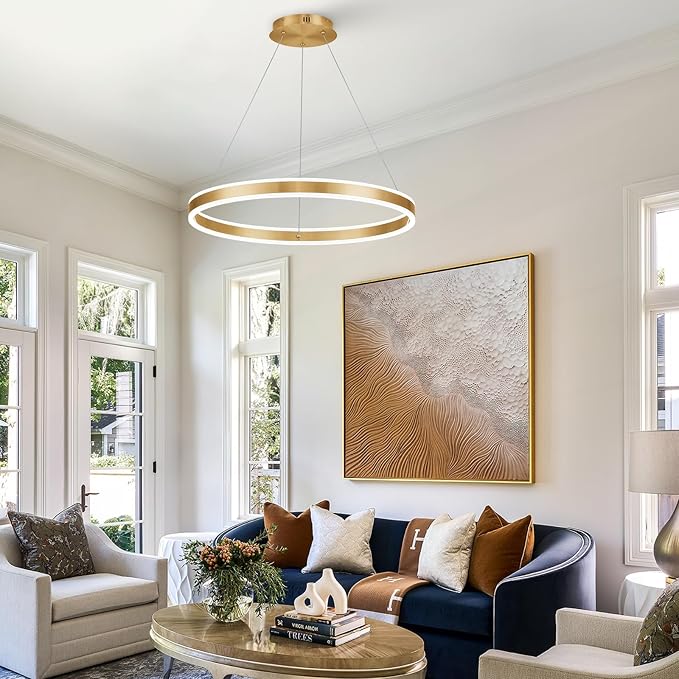 Gold LED Chandelier 23.6" Ring Chandelier for Dining Room Living Room 40W Remote Control Dimmable 1-Ring Ceiling Pendant Lighting Fixtures Office