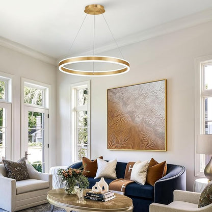 Gold LED Chandelier 23.6" Ring Chandelier for Dining Room Living Room 40W Remote Control Dimmable 1-Ring Ceiling Pendant Lighting Fixtures Office