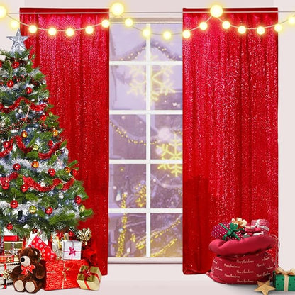 Poise3EHome Red Sequin Backdrop Curtain, 2 Panels 2Ft x 8Ft Glitter Photography Back Drop for Wedding Birthday Christmas Valentines Day Carnival Party Decorations