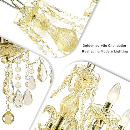 PAPAYA Plug-in 5 Light Gold Crystal Hanging Pendant Lights Acrylic Chandelier with Cord & On/Off Switch H19 D19.7 for Kitchen Island Girls' Room Dining Area Laundry Pavilion
