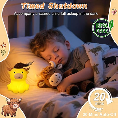 Highland Cow Night Light, Fluffy Cow Squisy Lamp for Kids, Soft Silicone Animal Nightlamp with 2 Levels Dimmable & 20 Mins Timer, Rechargeable LED Light Gifts for Baby Boys Girls