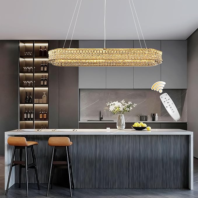 47" LED Rectangle Gold Crystal Chandeliers for Dining Room, Luxury, Rectangular Modern Crystal Oval Kitchen Chandelier, Dimmable LED with Remote, for Dining Room, Kitchen Island