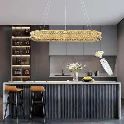 47" LED Rectangle Gold Crystal Chandeliers for Dining Room, Luxury, Rectangular Modern Crystal Oval Kitchen Chandelier, Dimmable LED with Remote, for Dining Room, Kitchen Island