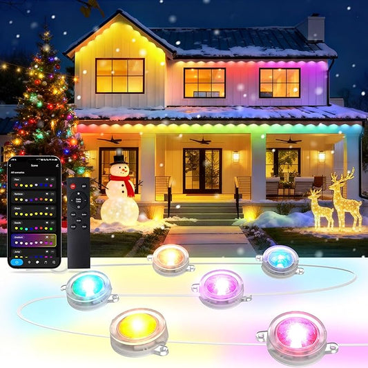 RGB+IC Permanent Outdoor Lights for House Garden, 50Ft Smart Eave Lights, String Lights, IP67 Waterproof, for Christmas Halloween Decor Birthday Gift with Alexa, Google Assistant APP/Remote Control