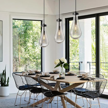 Raindrop Pendant Lights Kitchen Island Set of 3 Teardrop Black Hanging Light Fixtures Clear Solid Glass Pendant Light Modern Chandeliers for Dining Room Porch Corridor Living Room