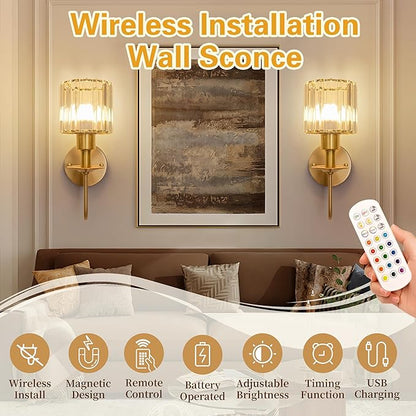 Wireless Wall Sconces Set of two,Battery Operated Wall Sconces with 5200 mAh Bulb and Remote,LED 15 Colors Rechargeable Gold Wall Sconce with Crystal for Bedroom Living Room Hallway Wall Decor