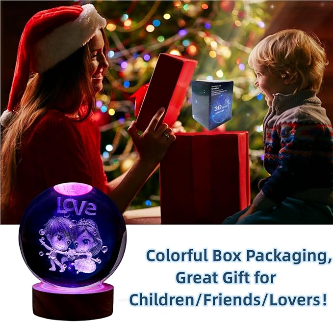 Love Crystal Ball lamp,3D 3.15 inch K9 Couple Night Light with Wooden Base,16 Colors Change with Remote Control,Sweetheart Crystal Gift for Girlfriend,Valentine's Day Christmas Gift (F)