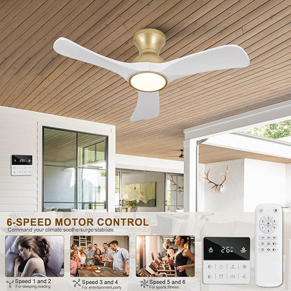 White Gold Ceiling Fans with Lights Flush Mount,36 inch Solid Wood,Remote Control,Wall Switch,Dimmable,Reversible,Power off Memory Modern Ceiling Fan for BedRoom Patio Indoor/Outdoor Use