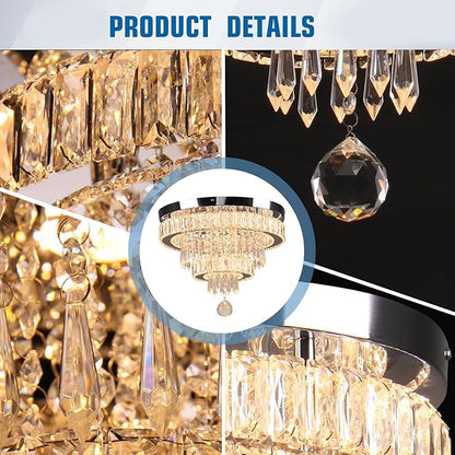 Finktonglan 15.7" Crystal Semi Flush Mount Ceiling Light, 2-Ring LED Crystal Chandelier, Warm White 3000K, Non-Dimmable, Built-in LED for Bedroom Hallway Entryway Dining Room