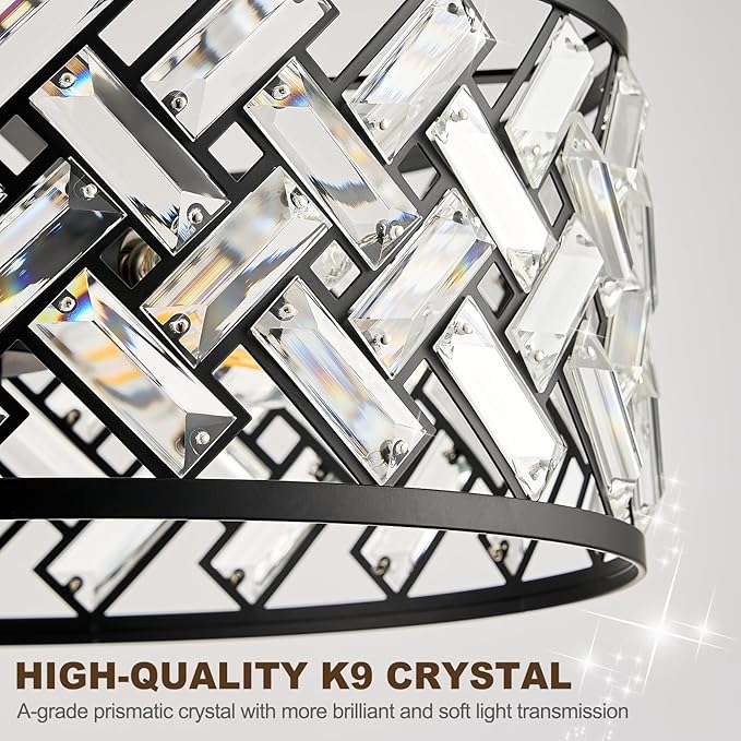 Black Crystal Chandelier, 3-Light Morden Dining Room Light Fixture,12.4" Small Round Semi Flush Mount Chandeliers for Kitchen Foryer Entryway Hallway Living Room Bedroom (ETL Listed)