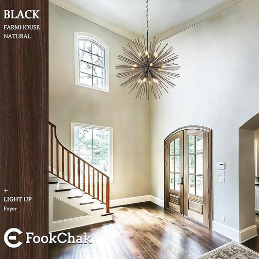Large Wood Sputnik Chandeliers 18 Light Starburst Chandelier Light Fixture Solid Wood Farmhouse Black Satellite Light Fixture for Living Room Foyer Dining Room Hotal Hall 36in