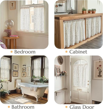 jinchan Floral Kitchen Curtains for Windows 36 Inch Gray Linen Tier Farmhouse Cafe Curtains Country Botanic Small Window Rod Pocket Rustic Flax for Laundry Bathroom RV 2 Panels Grey on Beige
