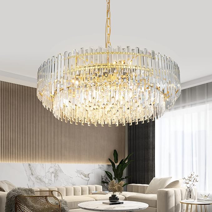 Gold Copper Crystal Chandelier Lighting 39'' for Dining Rooms Bedroom Foyer Entryway Ceiling Hanging Pendant Chandelier Light Fixture Lamp