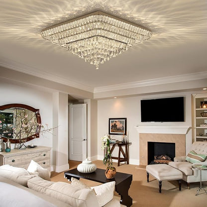 COCOSTAR Crystal Chandeliers, Modern Led Luxury Chandelier, 43" Suqare Flush Mount Chandelier Ceiling Light, Raindrop Chandeliers for Dining Room, Living Room, Bedroom, Gold