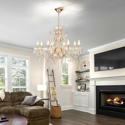 Saint Mossi Gold Crystal Chandelier for Dining Room, 8-Light Modern Chandelier Pendant Light, Gold Crystal Raindrop Chandelier for Bedroom, Living Room, Foyer