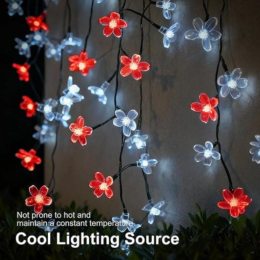 2 Pack Total 52FT 120 LED Solar String Lights Outdoor Waterproof Flower Fairy Lights for Garden Fence Patio Yard Christmas Tree Lawn Wedding Party Decor, Red and Pure White