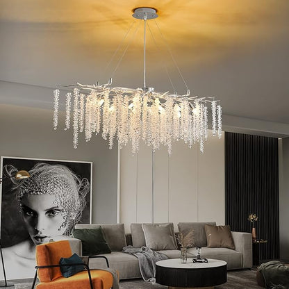 Modern Rectangle Crystal Tree Branch Chandelier, L40'' Silver Linear Art Deco Raindrop Indoor Hanging Pendant Light Fixture for Kitchen Island Dining Room Living Room Foyer 13 Lights