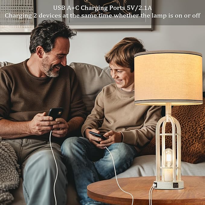 SRJJA Farmhouse Table Lamps for Living Room Set of 2 - Rustic Industrial Lamps for Night Stands with Night Light & USB A+C, 24" Vintage Bedside Lamp for Bedroom, Bulbs Included