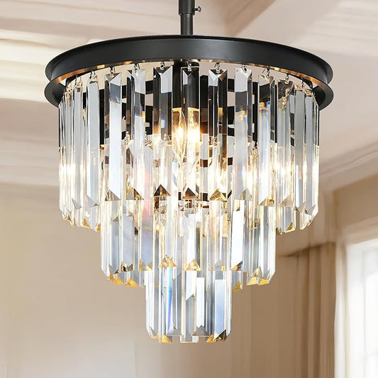 Small Black Crystal Chandeliers for Dining Room, 3-Tier 4 Lights Modern Chandelier Contemporary Luxury Top K9 Crystal Ceiling Pendant Light Fixture for Foyer Kitchen Bedroom Closet 14"