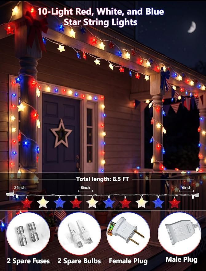 8.5Ft Patriotic Red White Blue Star String Lights, 10 LED Plug in Connectable Fairy Lights for 4th of July Independence Day, Outdoor Waterproof Star Lights for Patio Garden Bedroom Holiday Party Decor