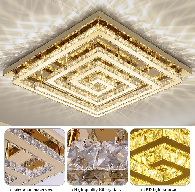43 inch Gold Crystal Chandelier with Remote/APP Control, 3 Color Temperature Light Fixture & Brightness Adjustable, Modern Flush Mount LED Ceiling Light Fixture for Living Room Kitchen Dining Room