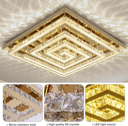 43 inch Gold Crystal Chandelier with Remote/APP Control, 3 Color Temperature Light Fixture & Brightness Adjustable, Modern Flush Mount LED Ceiling Light Fixture for Living Room Kitchen Dining Room