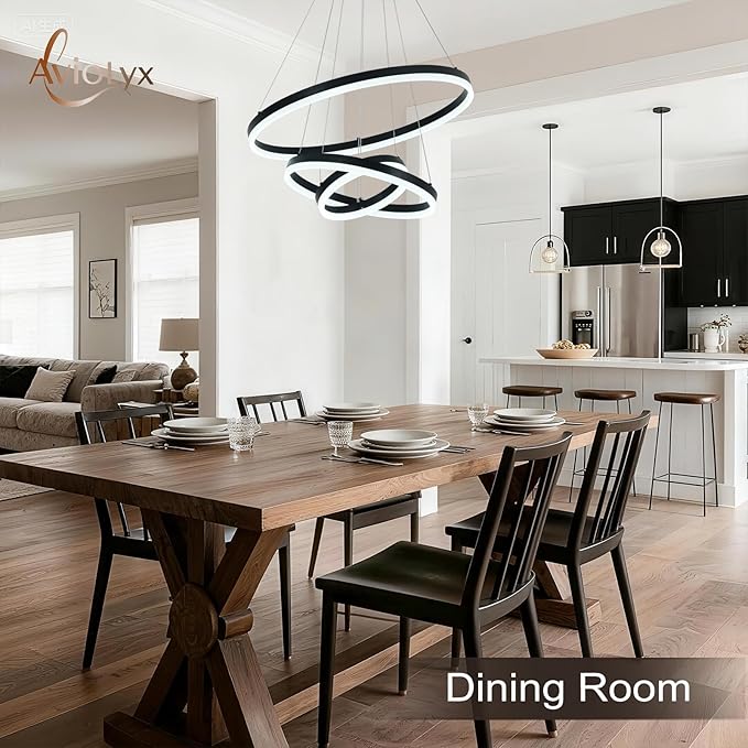 3 Rings Modern LED Chandelier Black High Ceiling Ring Chandeliers with Remote Control Circular Pendant Light Dimmable for Dining Room Living Room Bedroom Foyer Entryway 3000K-6500K